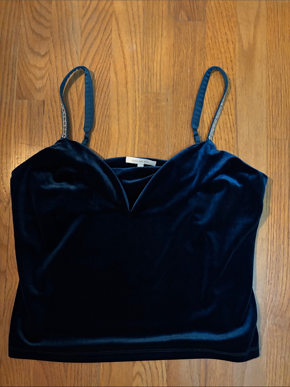 Skies Are Blue Velvet Tank Top in Navy with Embellished Straps